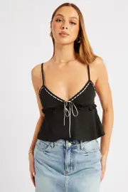 Black Cami Top Ribbon Textured Frill - Size 16XL, Women's Cami