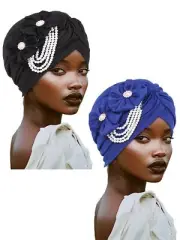 Woeoe Pearl Flower Turban Black Pre-Tied African Head Wraps Church African Ha...