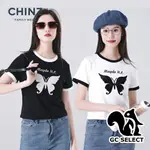 【CHINZ】春夏女款 韓版 合身短袖 短版上衣 T恤 蝴蝶繡花 白色 黑色《GC SELECT》