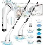 GRUTTI Electric Spin Scrubber, Cordless Shower Scrubber with 8 Replaceable Brush Heads, Electric Bathroom Scrubber with 2 Speeds, Adjustable Extension Arm, for Bathtub Window Car Grout Tile Floor