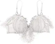 [kowaku] Belly Dance Bra Sparkle Sequined Tassel Top Party Club - White, as described
