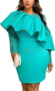 [GHAKKE] Women's Elegant Ruffled Embellished Evening Gown Round Neck Floral Lace Patchwork High Waist Bodycon Midi Pencil Dress