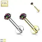 Moissanite 7Colors 14K Gold Threadless Push-in Labret 18 GAUGE, Flat Back Stud