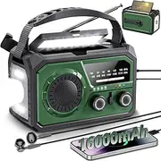 16000 mAh/59200 mWh Crank Radio, Portable Emergency Radio with Crank, AM/FM Solar Radio with Mobile Phone Charging Function, SOS Alarm/Headphone Jack/Reading Light/Compass for Camping, Outdoor,