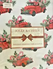Christmas Vintage Red Farm Truck Fabric Cloth Tablecloth 60x84" Oval Country