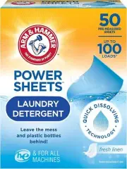 Arm & Hammer Power Sheets Laundry Detergent, Fresh Linen 50ct, 100 Small Loads