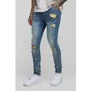 Mens Antique Wash Tall Skinny All Over Ripped Bleached Paint Splatter Jeans