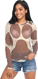 [RPLIFE] Brown Paw Beige Mesh Top Women, Printed Mesh Top S-XXL