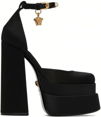 NIB Versace Medusa Aevitas Black Satin Crystal Logo Platform Pumps 40 10 $1575