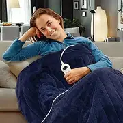 SOQ Electric Heated Throw Rug Snuggle Blanket 9 Smart Heat Settings Timer Control Washable Fleece Winter Snuggle Blanket t,160 x130cm (Navy Blue)