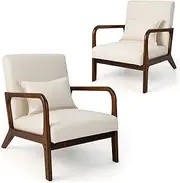 Giantex Set of 2 Modern Accent Chair with Pillow - Comfy Upholstered Lounge Armchair with Anti-Slip Felt Pads, Wooden Frame Soft Padded Arm Chairs for Living Room, Bedroom, Study, Beige