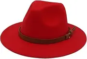 [Generic] Women Classic Brown Belt Fedora Hats Jazz Felt Hat Unisex Men Vintage Church Flat Wide Brim Dress Hat 2 58-60cm, 2, One Size, 2, One Size