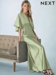 Sage Green Bridesmaid Satin Flutter Sleeve Maxi Dress (AG5320) | $150