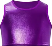 [Aislor] Kids Girls Metallic Crew Neck Shirt Sleeveless Tank Top Hip Hop Stage Performance Sparkle Vest