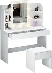 Dressing Table Stool Set with Led Light Makeup Vanity Table 2 Drawers Storage Shelves Mirror White Bedrom Furniture