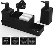 Kitchen Soap Dispenser Set with Sponge Caddy and Brush Holder, Dish Soap and Hand Soap Dispenser for Kitchen Countertop Sink Organiser (Black, 4 in 1)