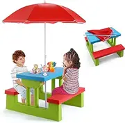 HOMGX Kids Picnic Table, Toddler Picnic Table with Removable & Foldable Umbrella, Plastic Children Patio Furniture for Garden Backyard, Kids Outdoor Table, Red, Blue & Green