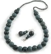 [Avalaya] Chunky Wood Bead Cord Necklace and Earring Set with Animal Print in Grey/ 76cm L, One Size, cords, wood, No Gemstone