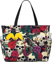 [Ghjkfbf] Floral Skulls Print Large Capacity Beach Travel Bag For Family, Beach Tote Bag For Women With Zipper Pockets, Black, One Size