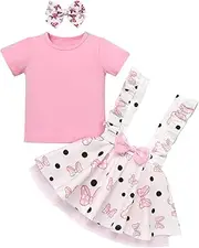 [OBEEII] Toddler Baby Girl Fall Outfit Long Sleeve Top+ Suspender Overalls Skirt with Headband for Birthday Cake Smash Photoshoot