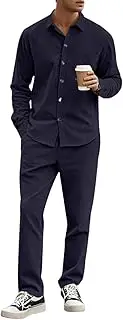 [HanZhuoAu] Men's Fashion Casual Set Retro Lapel Corduroy Shirt + with Pocket Elasticated Waist Drawstring Casual Pants 2Piece Set