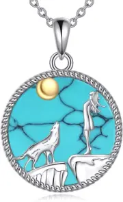 Wolf and Lady Turquoise Pendant Sterling Silver Necklace Jewelry Gifts for Women