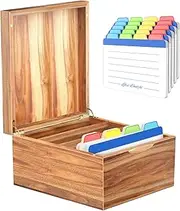 Neando 5x8 Index Card Organizer with Lid – Extra Large Acacia Wood Storage Box with 4 Compartments, 20 Blank Tabs, Holds 600 Cards – File Box for Recipes, Projects, School Notes & Office Organization