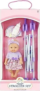 Foldable Doll Stroller Set | 10Inches Foldable Nursery Doll Set Doll Stroller - Realistic Doll Playset Pretend Stroller Toy Set with Bottle for Girls