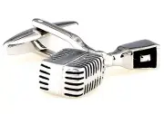 Microphone Pair Cufflinks Silver Black DJ Wedding Gift Box & Polishing Cloth