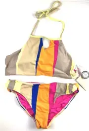 O’Neill Girl’s Multicolor Striped Bikini Top And Hipster Bottom Size 14
