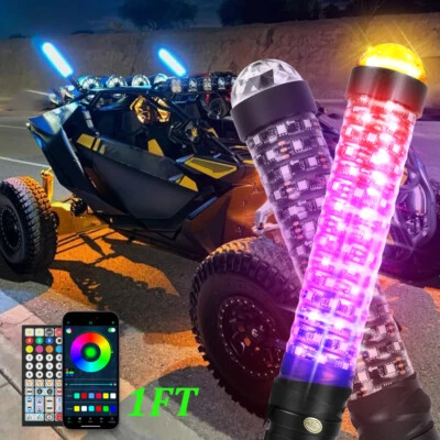 Pair 1FT Spiral Fat LED RGB Whip Lights Chasing Antenna For Can-Am Maverick X3