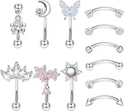 [Kakonia] 12Pcs Rook Piercing Jewelry Rook Earrings for Women Men Eyebrow Rings 16G Stainless Steel Curved Barbell Dangle CZ Belly Lip Ring Cartilage Daith Surface Tragus Piercing Jewelry