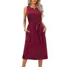 Women Sleeveless Solid Color Round Neck Side Split Midi Dress with Belt Pockets