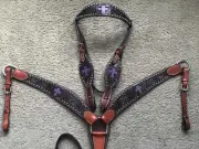 Western Leather Tack Set of headstall and Breast Collar with Cross Inlay