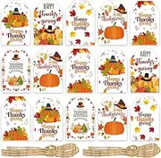 60 Pcs Happy Thanksgiving Paper Tags with String Pumpkin Maple Hat Pattern Fall Harvest Celebration Party Candy Bag Wrapping Labels Decoration Supplies