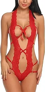 [Zylphorix] Women Deep V Halter Lingerie One Piece Sexy Babydoll Underwire Lace Teddy Bodysuit Underwear Sleepwear