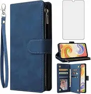 Asuwish Compatible with Samsung Galaxy A14 5G Wallet Case Tempered Glass Screen Protector and Leather Flip Cover Card Holder Stand Cell Accessories Slim Phone Cases for A 14 4G 14A G5 Women Men Blue