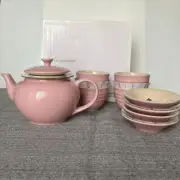 Le Creuset Teapot cup saucer 4 sets Pink Stoneware w/Box