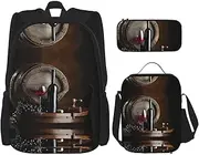 [DEXNEL] Red Wine Bottle Glass Backpack with Lunch Box Set of 3 School Backpacks Matching Combo for Universe Application, Black, One Size, Schoolbag Set