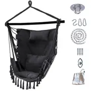 Costway Hammock Macrame Chair Hanging Swing Chair w/2 Cushions Pillow & Installation Kit Home Garden Grey