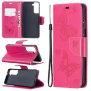 For Samsung Galaxy S21 Case Butterflies Emboss Folio PU Leather Wallet Cover, Kickstand, Lanyard, Rose Red
