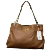 NWT Tory Burch Tripled Compartment Britten Tote Leather Bark Gold Chain Accent