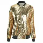 Lady Glitter Sequin Bomber Jacket Coat Shiny Baseball Biker Outwear Tops Fashion