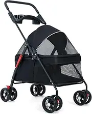 4 Wheels Dog Cat Stroller, Foldable Pet Folding Stroller with Storage Basket and Cup Holder for Medium Small Dogs Cats, Black