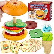 Montessori Toys for 1 2 3 Years Old Toddler Kids, Wooden Hamburger & Ice Cream Stacking Toy Set with Interactive Order Cards, Preschool Play Fake Food Games, Educational Fine Motor Skills Toys