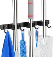 voze 3 Racks and 4 Hooks Mop Broom Holder Wall 3 4 Hooks, Black