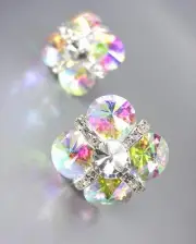 GLITZY Mystic Fire Iridescent Crystals CLIP Earrings Bridal Prom Pageant Diva