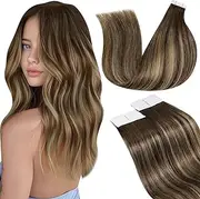 LaaVoo Tape in Hair Extensions Human Hair Ombre Brown Tape in Extensions Remy Human Hair Extensions Tape in Ombre Brown to Caramel Blonde with Brown 18 Inch 20pcs 50g