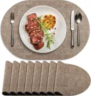 Set of 8 Oval Faux Leather Placemats, Non-Slip & Heat Resistant, Apricot