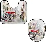 Toilet Lid Cover and U-Shaped Toilet Floor Mat Set of 2 Pieces, Paris Street Toilet Mat Set, Machine Washable Seat Covers Non-Slip Absorbent Rugs